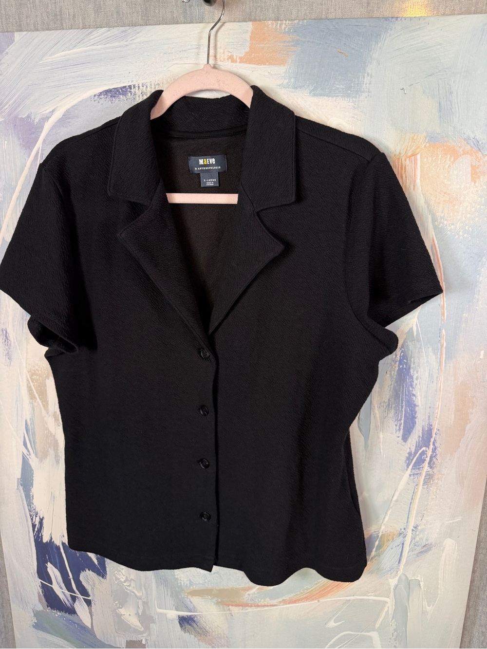 Maeve Anthropologie Black Short Sleeve Tailored Top Button Notched Lapel XL